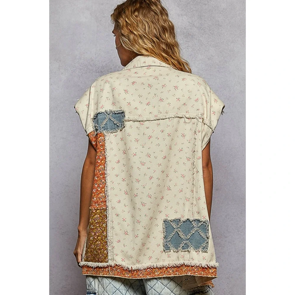 POL Cream Floral Patchwork Denim Vest | Long Mixed Fabric Boho Vest - Picture 4 of 5